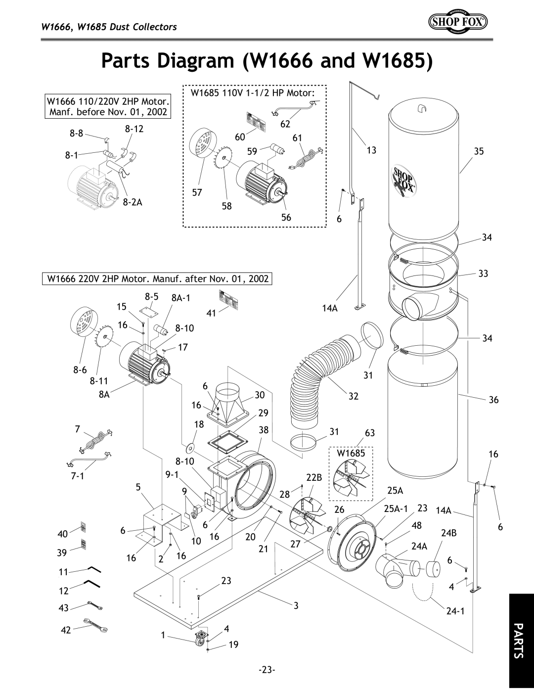 Woodstock DUST COLLECTORS instruction manual W1666, W1685 Dust Collectors, Parts Diagram W1666 and W1685 