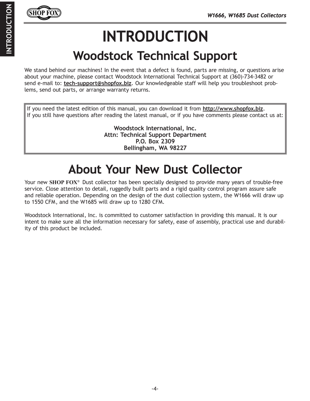 Woodstock W1685, W1666 Introduction, Woodstock Technical Support, About Your New Dust Collector, P.O. Box Bellingham, WA 