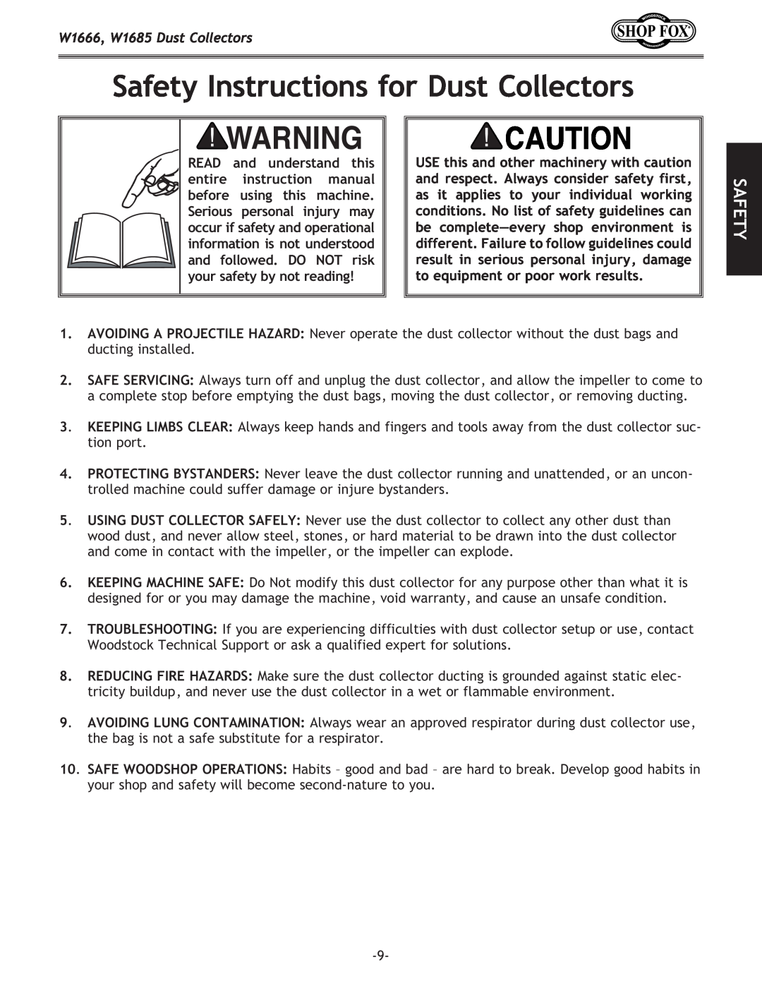 Woodstock DUST COLLECTORS instruction manual Safety Instructions for Dust Collectors, W1666, W1685 Dust Collectors 