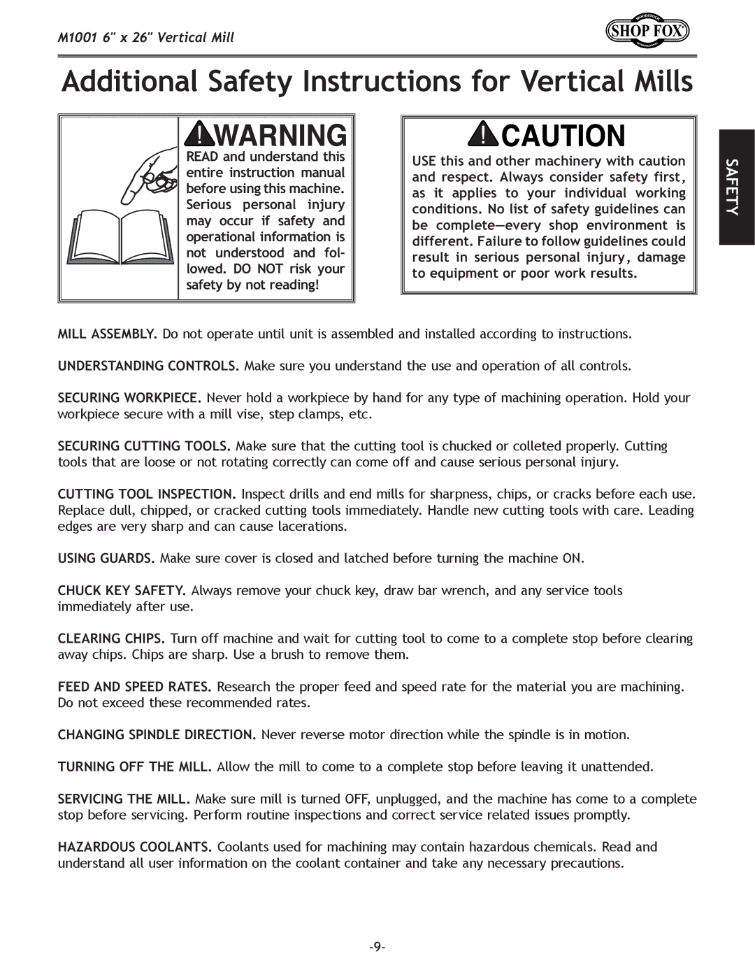 Woodstock M1001 manual Additional Safety Instructions for Vertical Mills 