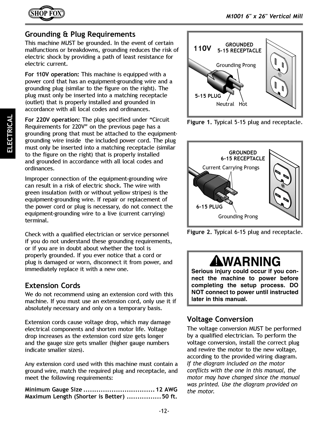 Woodstock M1001 manual Grounding & Plug Requirements, Extension Cords, Voltage Conversion 