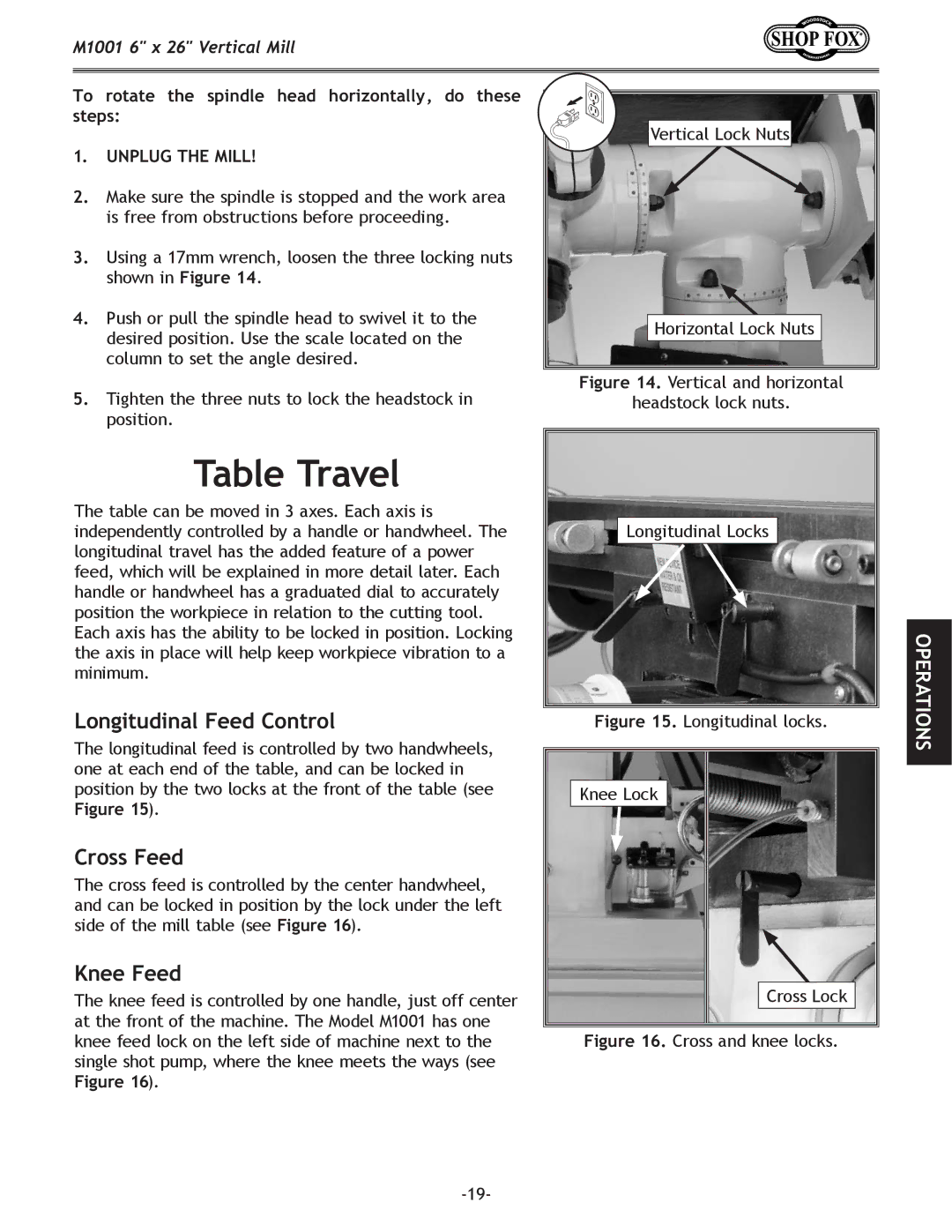 Woodstock M1001 manual Table Travel, Longitudinal Feed Control, Cross Feed, Knee Feed 