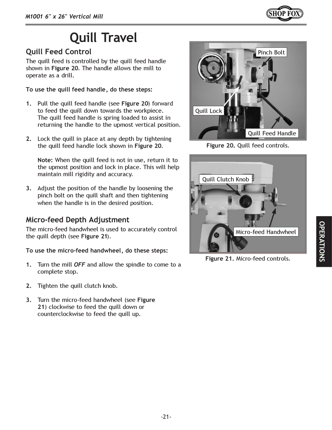 Woodstock M1001 manual Quill Travel, Quill Feed Control, Micro-feed Depth Adjustment 