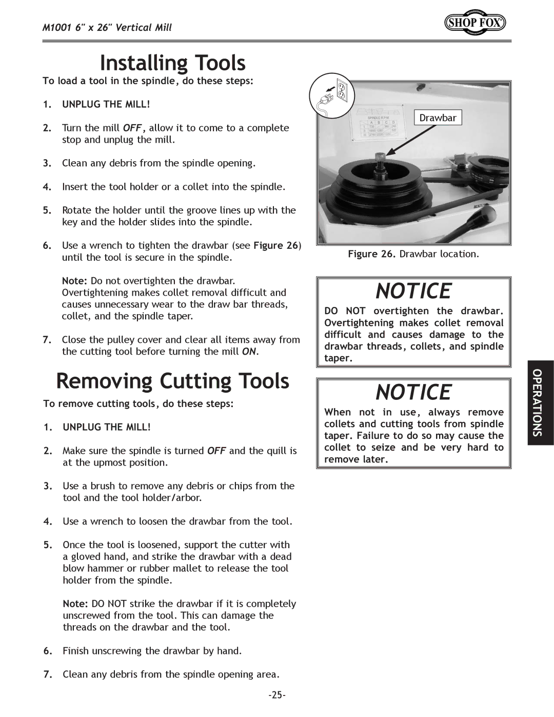 Woodstock M1001 manual Installing Tools, Removing Cutting Tools, To load a tool in the spindle, do these steps 