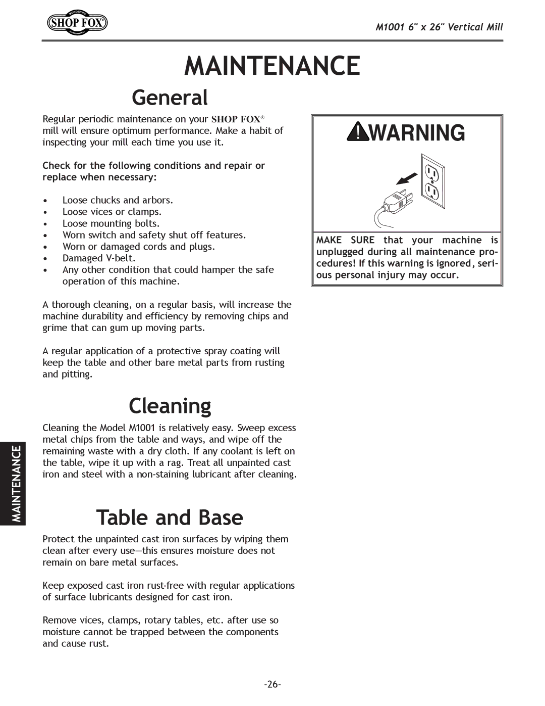 Woodstock M1001 manual Maintenance, Cleaning, Table and Base 