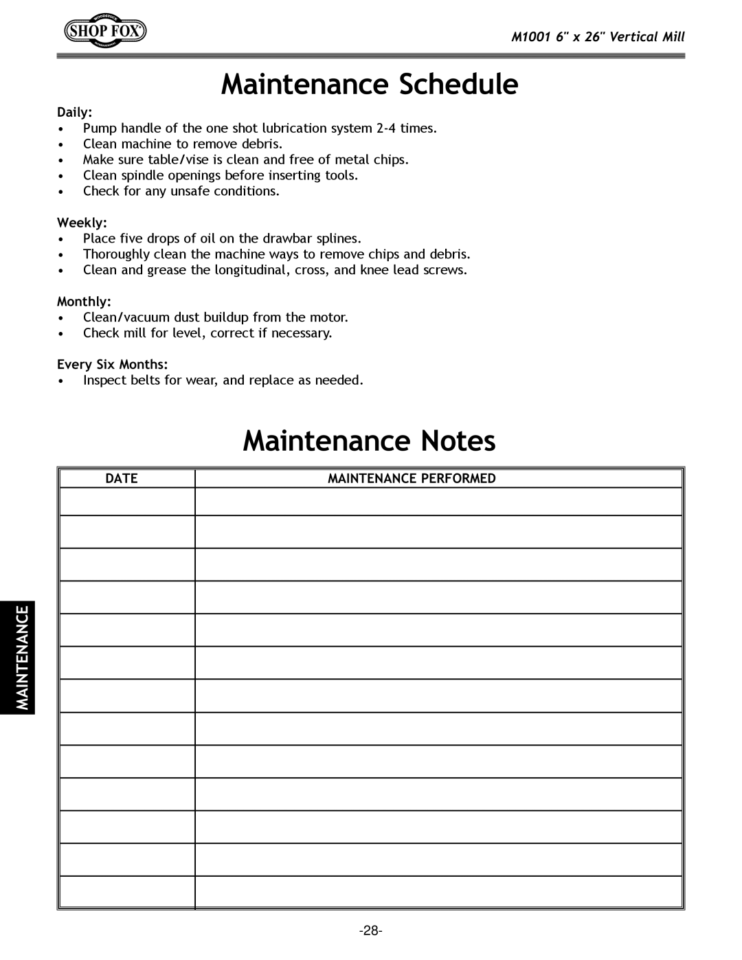 Woodstock M1001 manual Maintenance Schedule, Maintenance Notes 