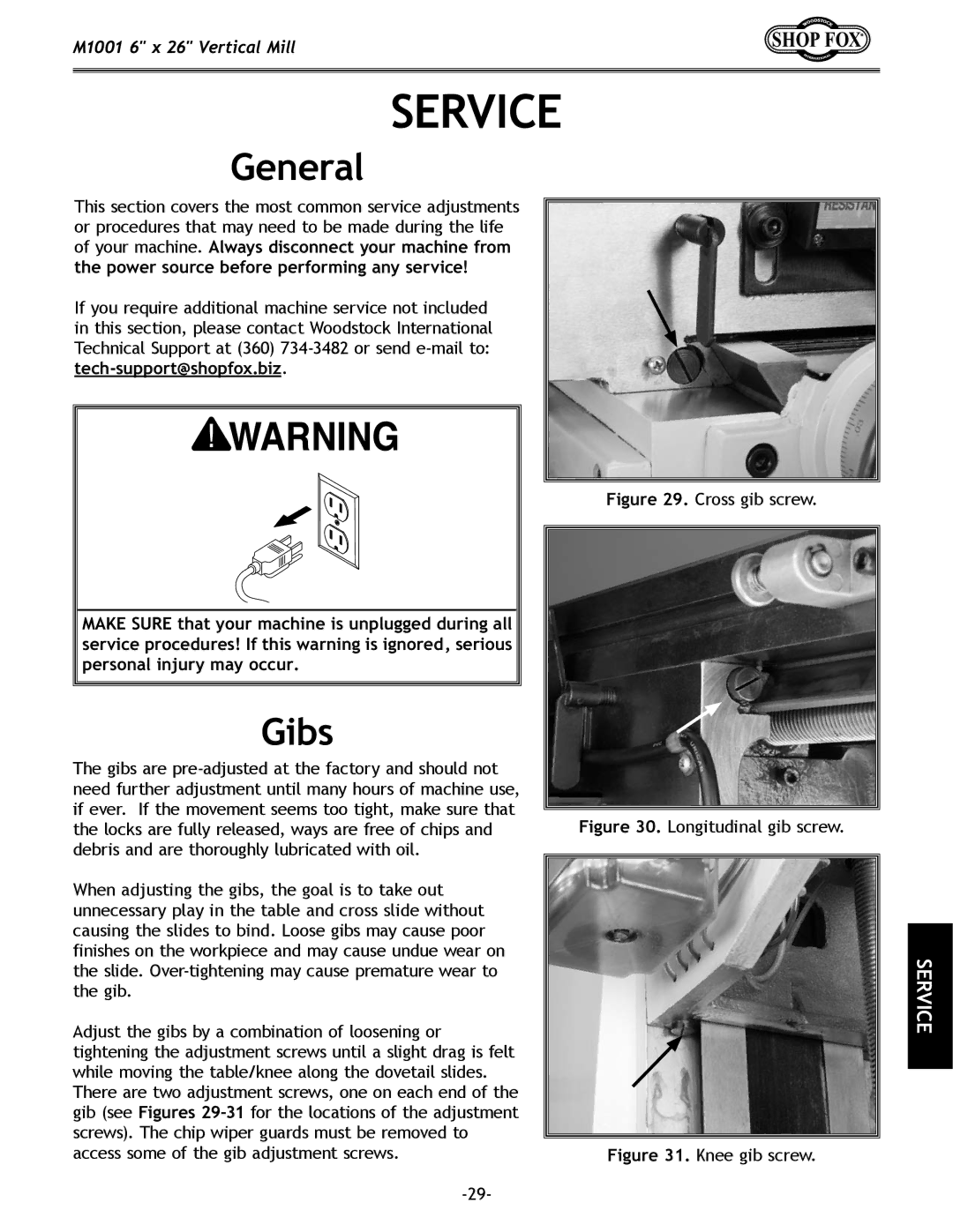 Woodstock M1001 manual Service, Gibs 