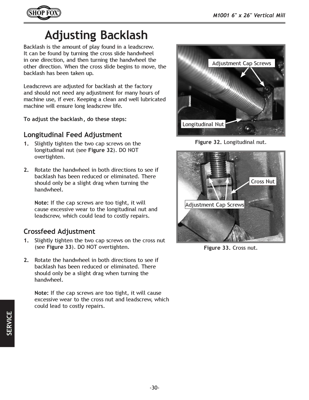 Woodstock M1001 manual Adjusting Backlash, Longitudinal Feed Adjustment, Crossfeed Adjustment 