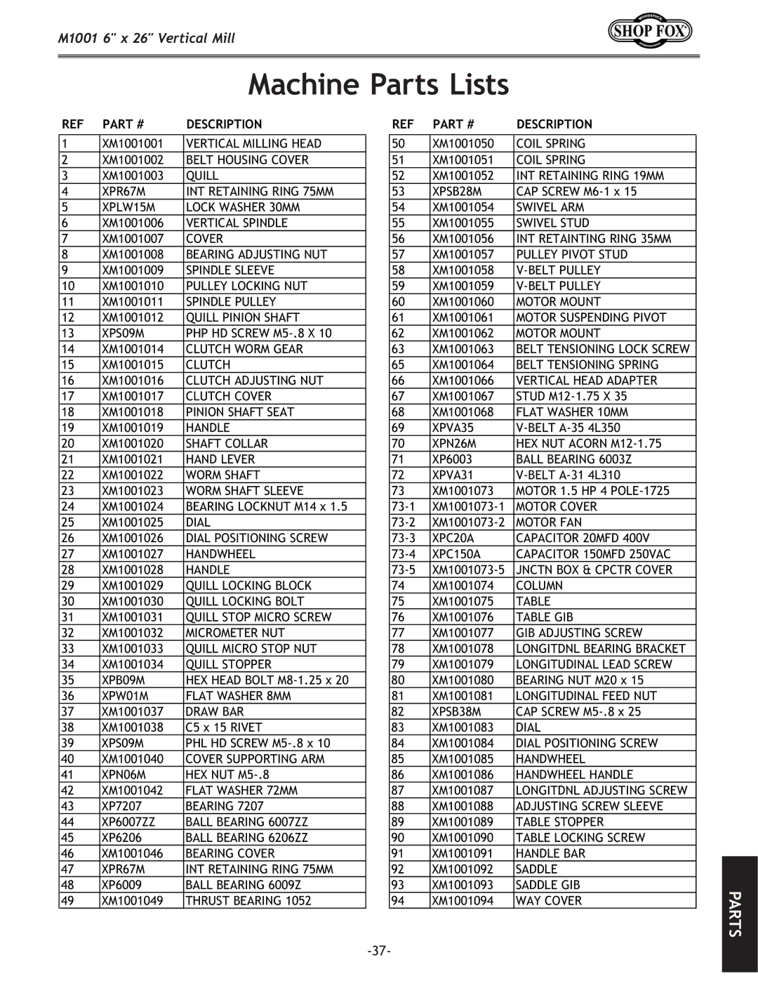 Woodstock M1001 manual Machine Parts Lists, Description 