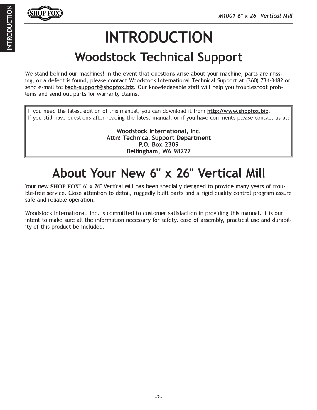 Woodstock M1001 manual Introduction, Woodstock Technical Support, About Your New 6 x 26 Vertical Mill 