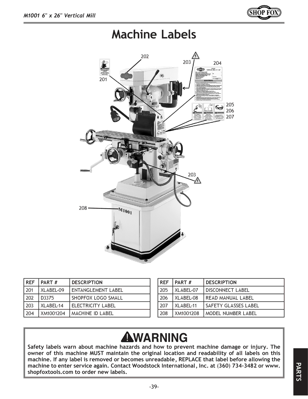 Woodstock M1001 manual Machine Labels, Description 