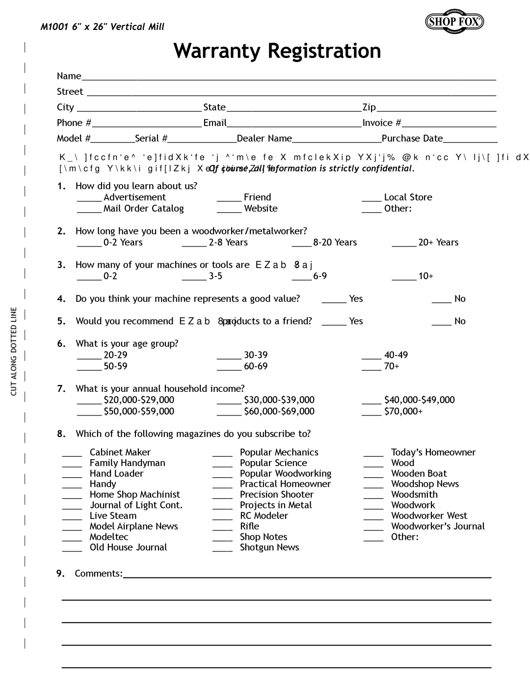 Woodstock M1001 manual Warranty Registration, Comments 