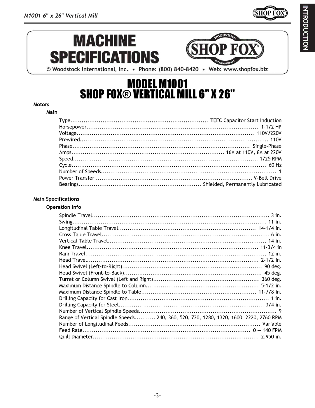 Woodstock manual Model M1001 Shop FOX Vertical Mill 6 X 