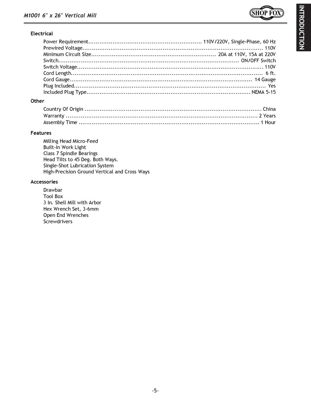 Woodstock M1001 manual Electrical 