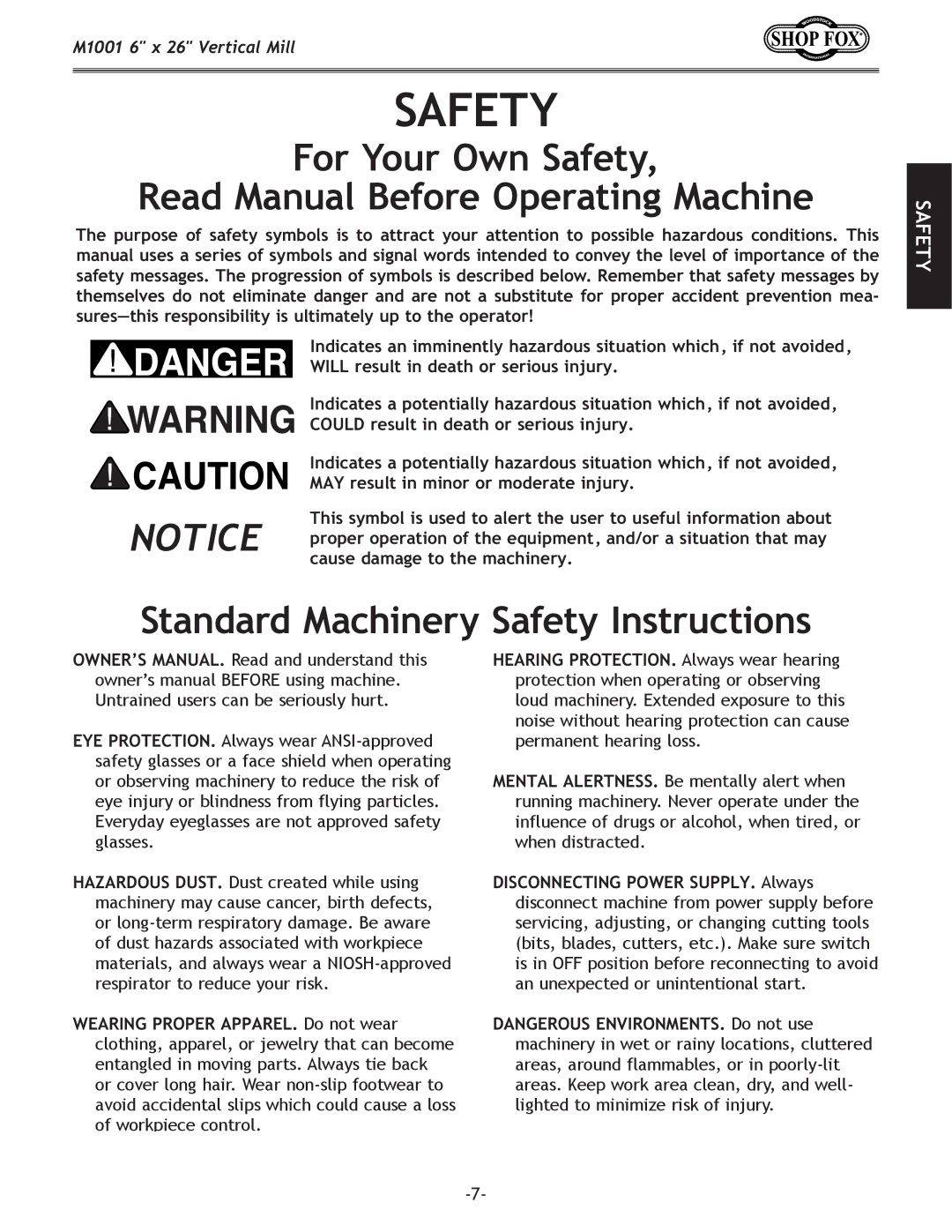 Woodstock M1001 manual Standard Machinery Safety Instructions 