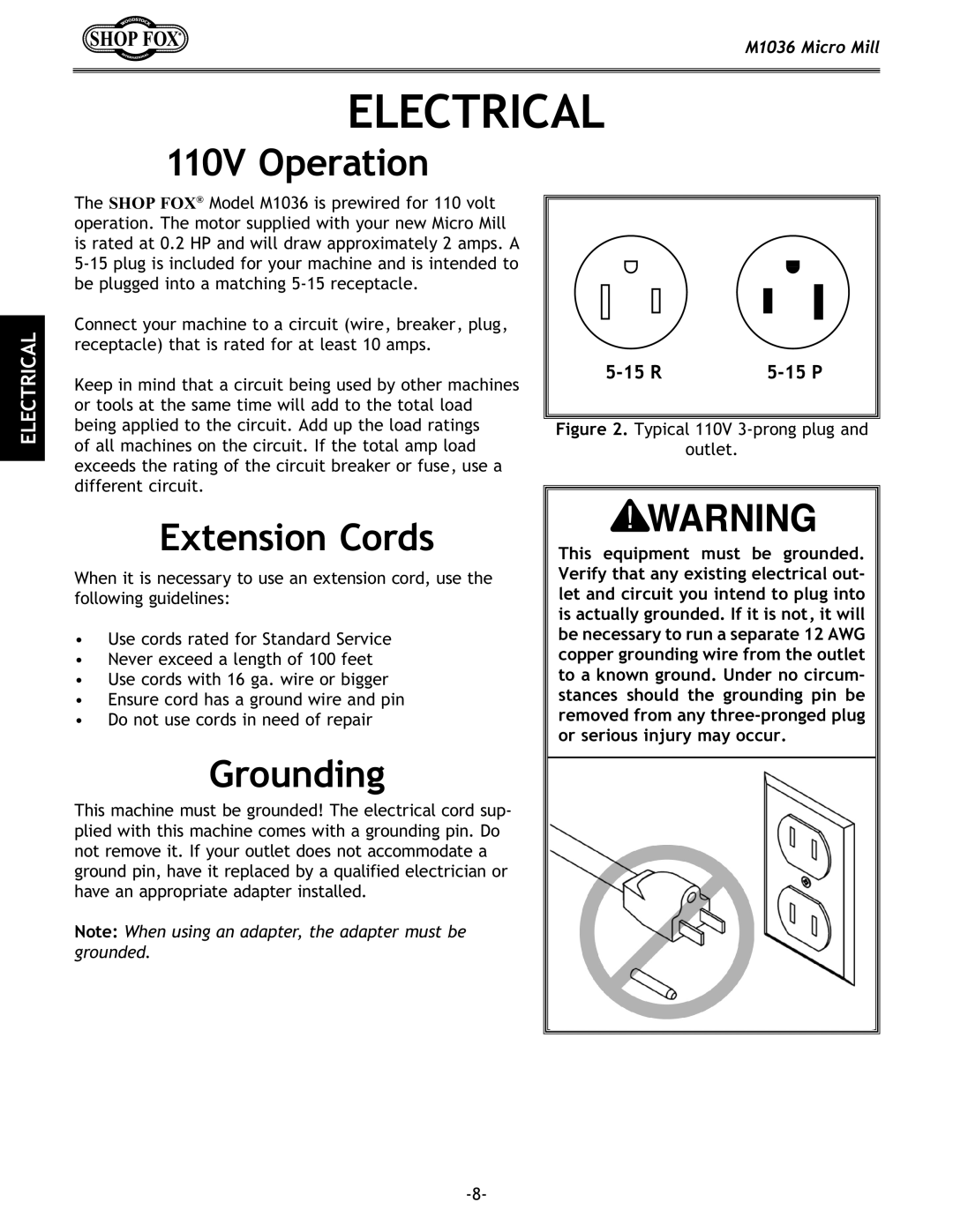 Woodstock M1036 owner manual Electrical, 110V Operation, Extension Cords, Grounding 