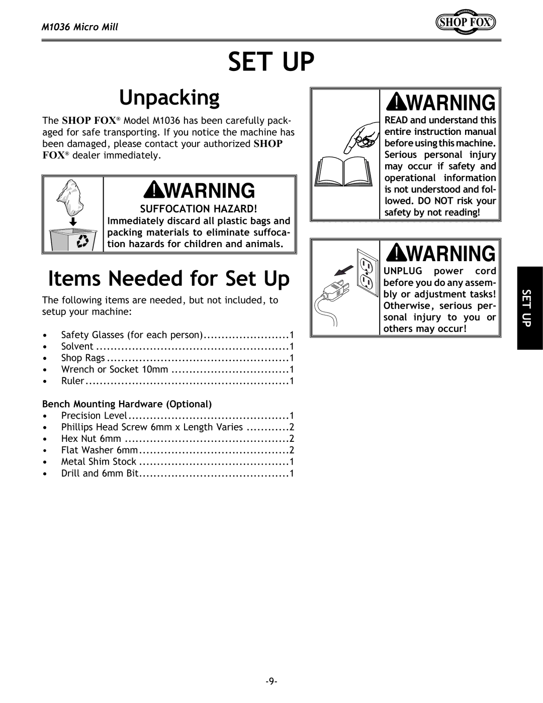 Woodstock M1036 owner manual Unpacking, Items Needed for Set Up, Bench Mounting Hardware Optional 