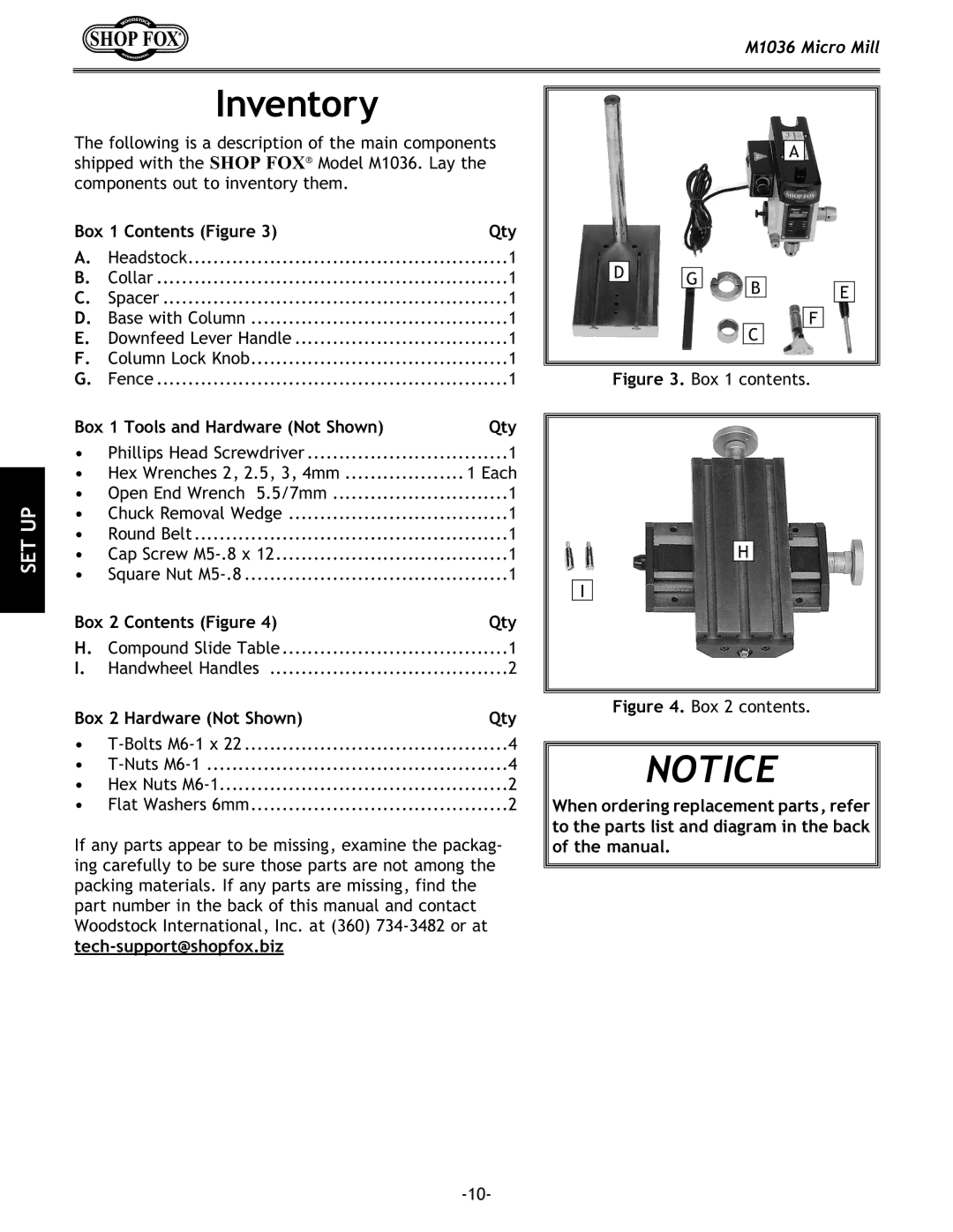 Woodstock M1036 Inventory, Box 1 Contents Figure Qty, Box 1 Tools and Hardware Not Shown Qty, Box 2 Contents Figure Qty 