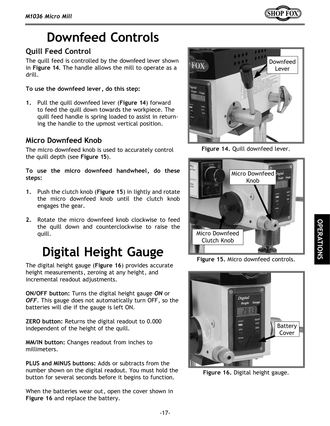 Woodstock M1036 owner manual Downfeed Controls, Digital Height Gauge, To use the downfeed lever, do this step 