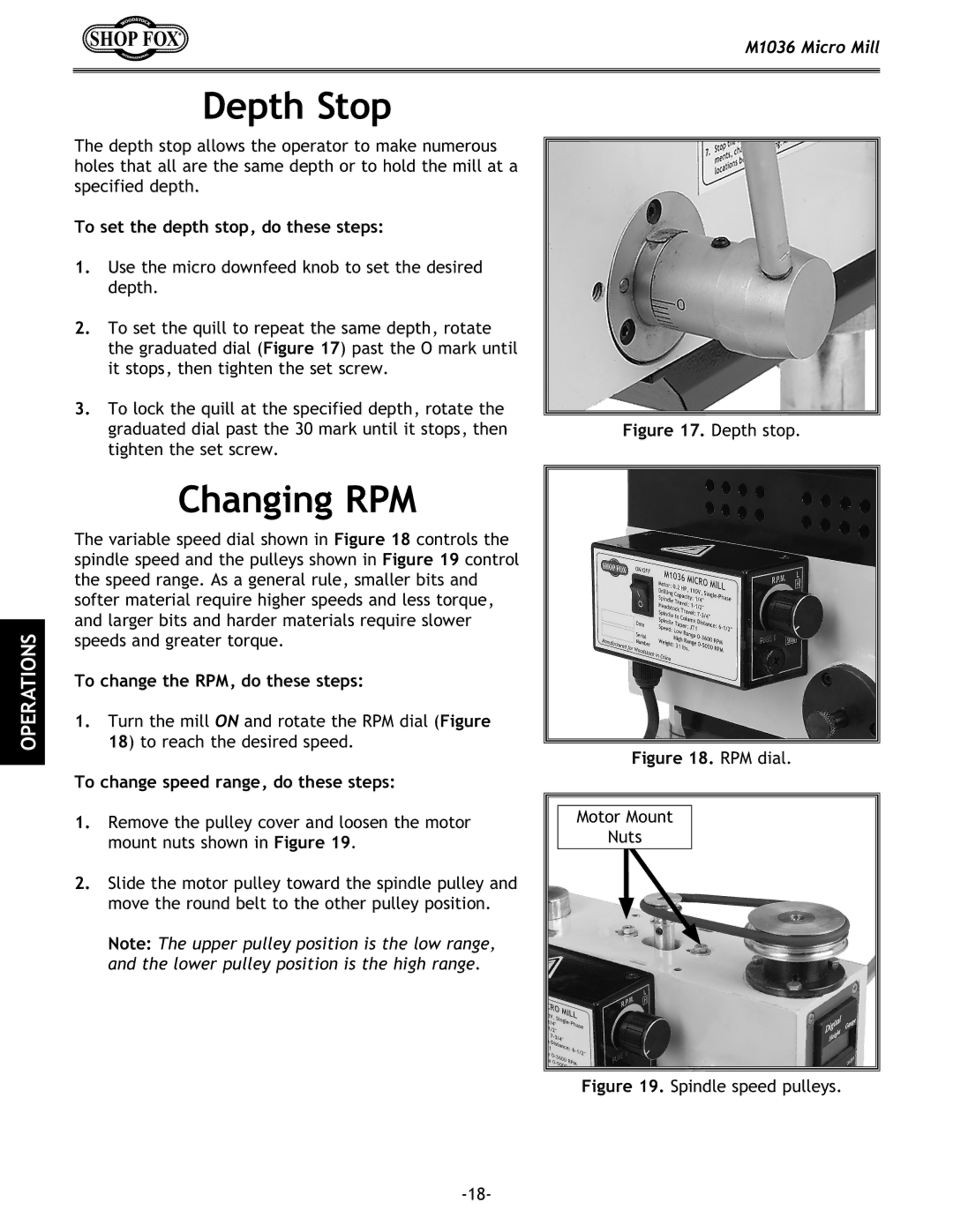 Woodstock M1036 Depth Stop, Changing RPM, To set the depth stop, do these steps, To change the RPM, do these steps 