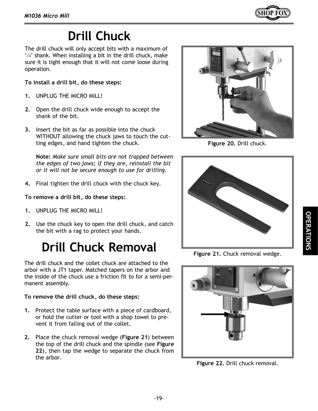 Woodstock M1036 Drill Chuck Removal, To install a drill bit, do these steps, To remove a drill bit, do these steps 