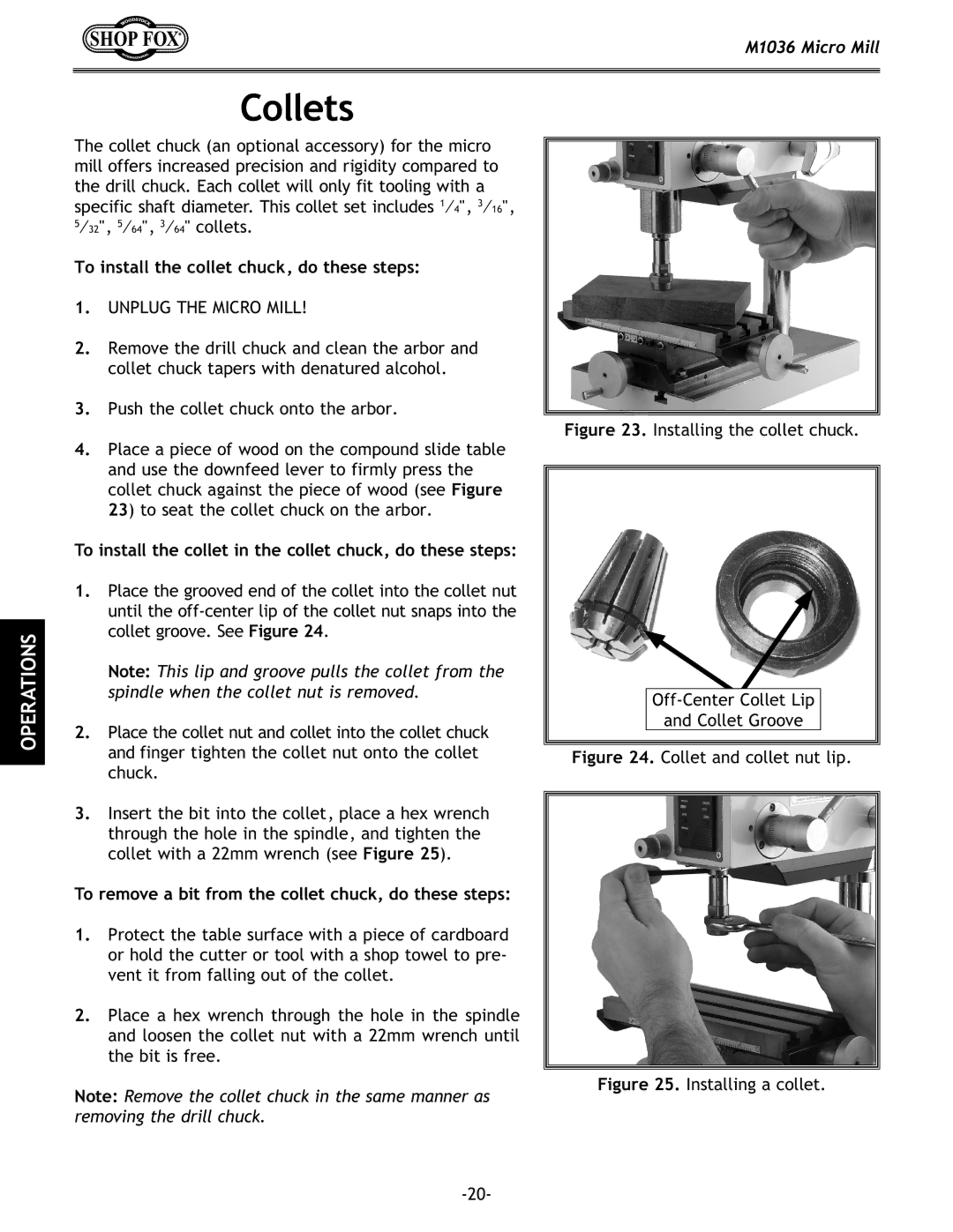 Woodstock M1036 owner manual Collets, To install the collet chuck, do these steps 