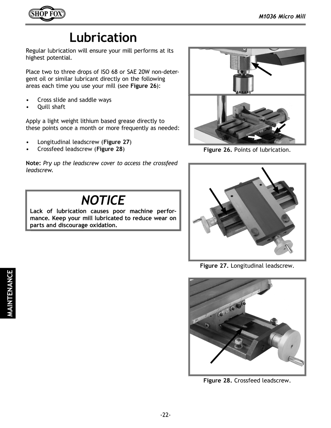 Woodstock M1036 owner manual Lubrication, Cross slide and saddle ways Quill shaft 