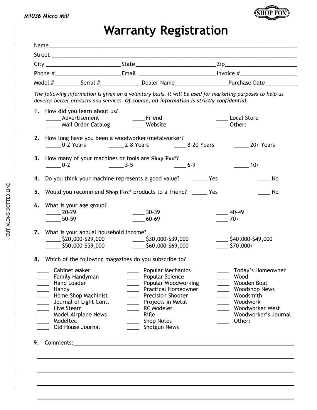 Woodstock M1036 owner manual Warranty Registration, Comments 