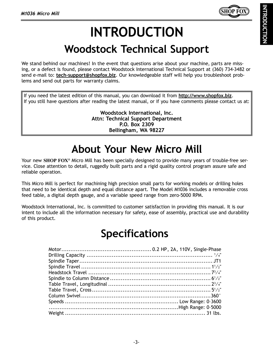 Woodstock M1036 owner manual Introduction, Woodstock Technical Support, About Your New Micro Mill, Specifications 