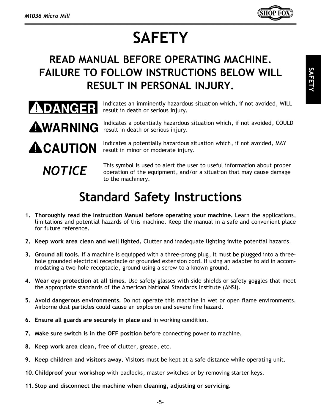 Woodstock M1036 owner manual Standard Safety Instructions 