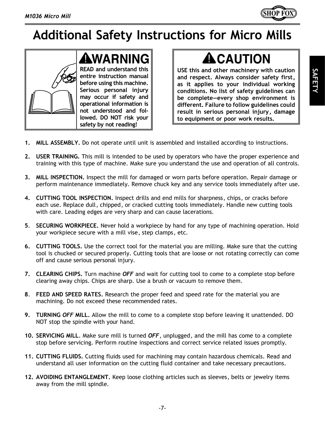 Woodstock M1036 owner manual Additional Safety Instructions for Micro Mills 