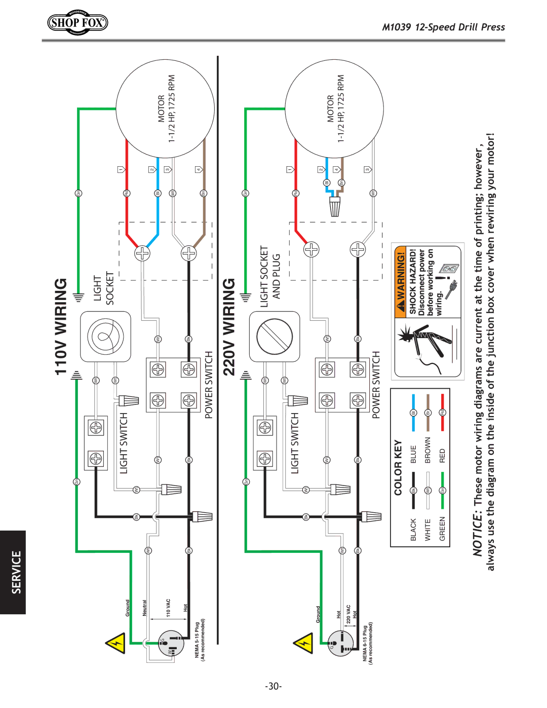 Woodstock M1039 manual 110V Wiring 