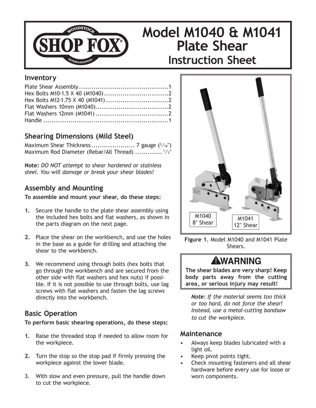 Woodstock M1041, M1040 instruction sheet Inventory, Assembly and Mounting, Basic Operation, Maintenance 