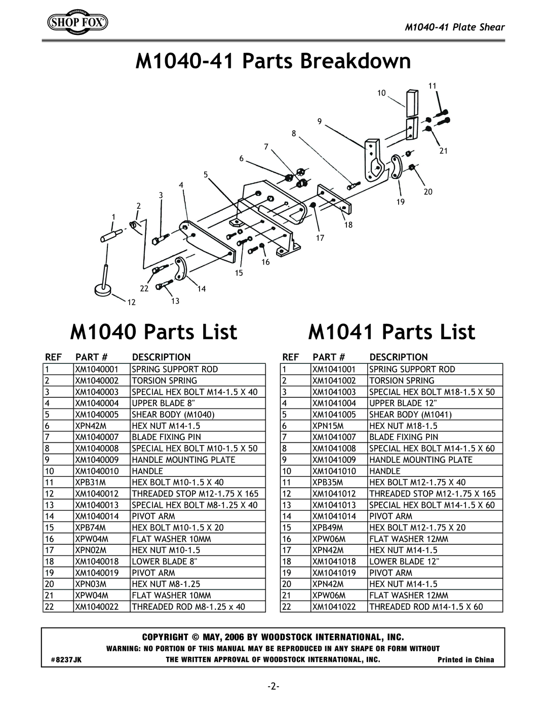 Woodstock instruction sheet M1040-41 Parts Breakdown M1040 Parts List, M1041 Parts List 