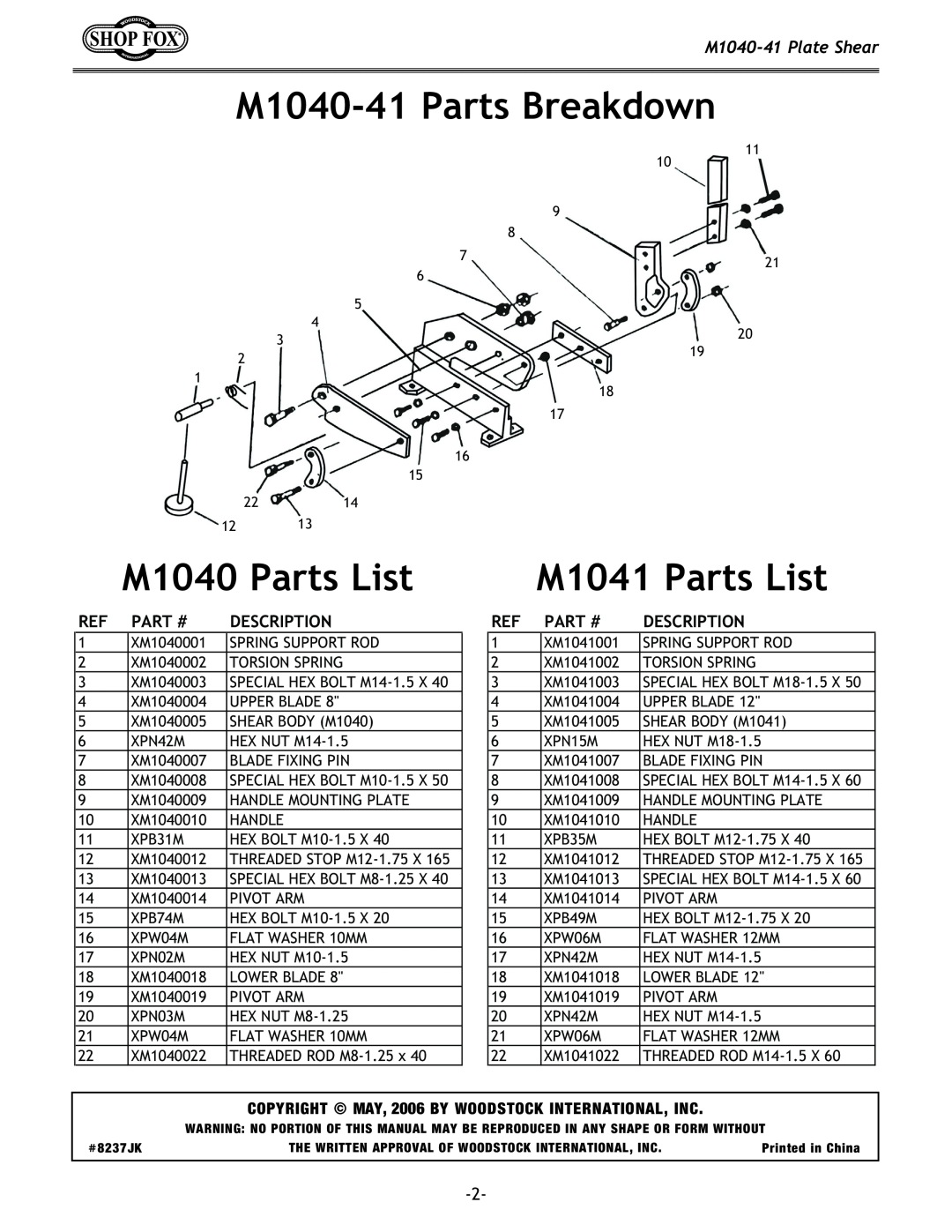 Woodstock M1040-41Parts Breakdown, M1040 Parts List, M1041 Parts List, M1040-41Plate Shear, Part#, Description 