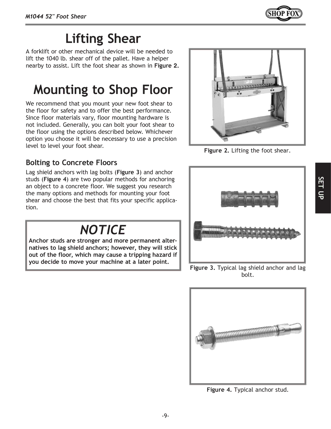 Woodstock M1044 manual Lifting Shear, Mounting to Shop Floor 