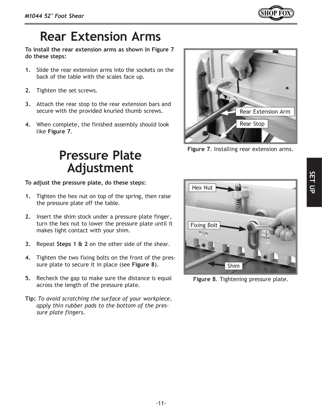 Woodstock M1044 manual Rear Extension Arms, Pressure Plate Adjustment, To adjust the pressure plate, do these steps 