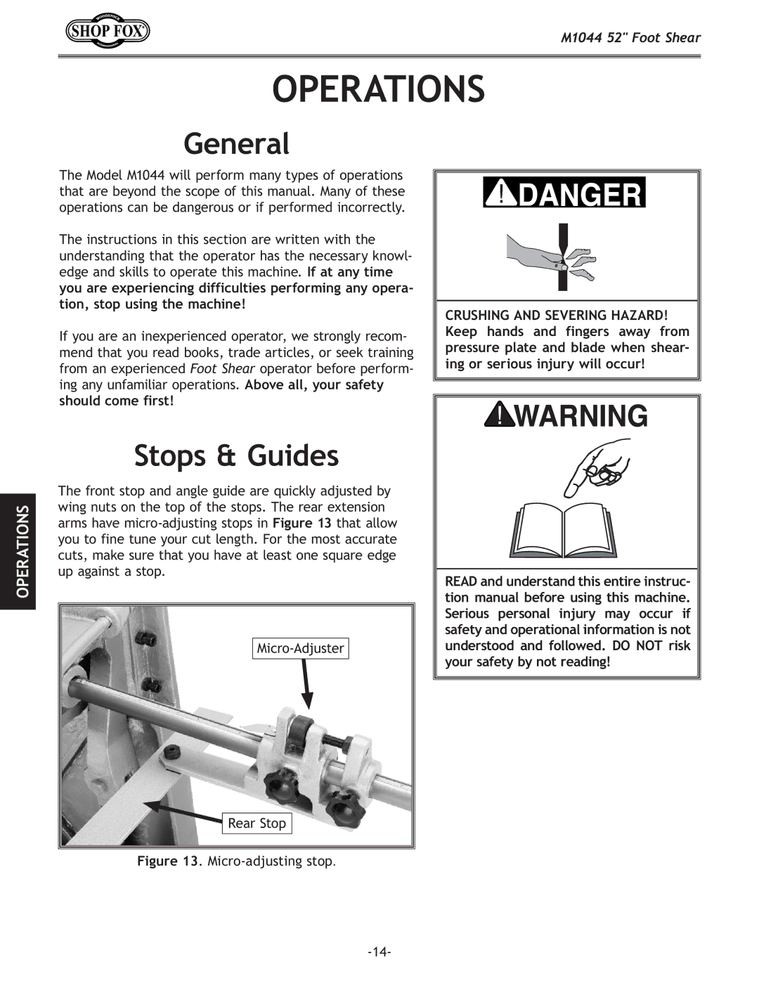 Woodstock M1044 manual Operations, General, Stops & Guides 