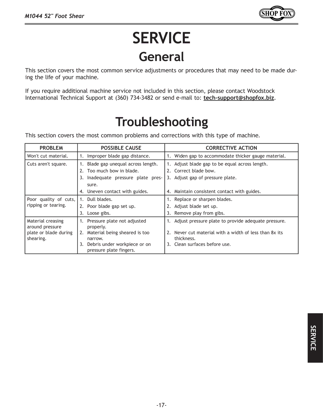 Woodstock M1044 manual Service, Troubleshooting 