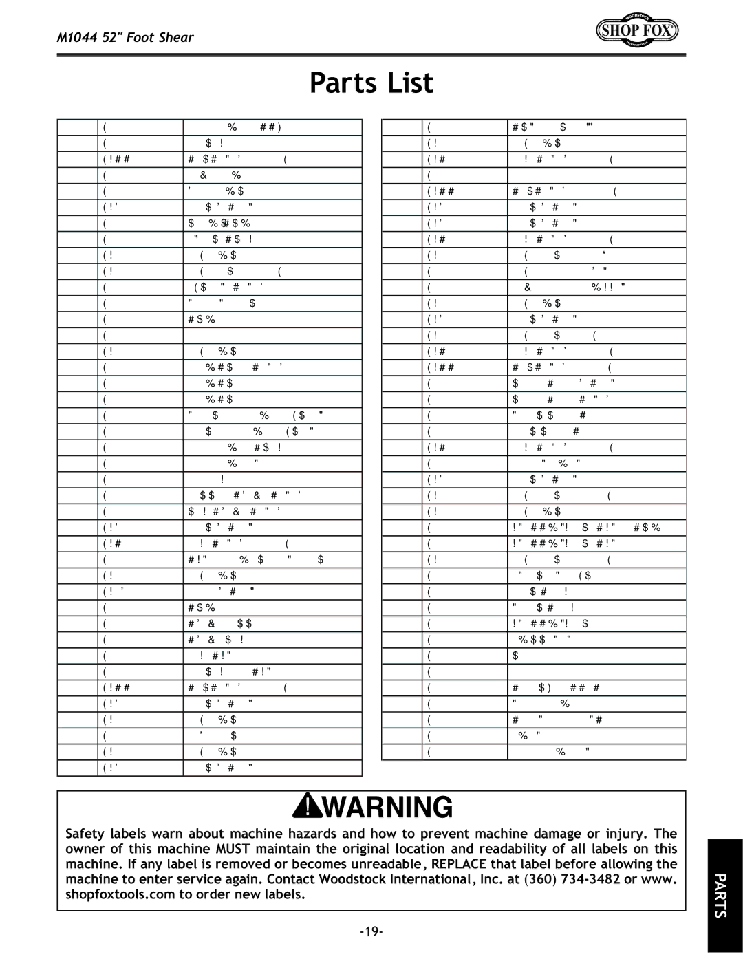 Woodstock M1044 manual Parts List, PART# Description 