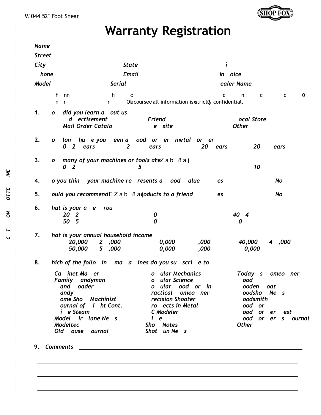 Woodstock M1044 manual Warranty Registration, Comments 