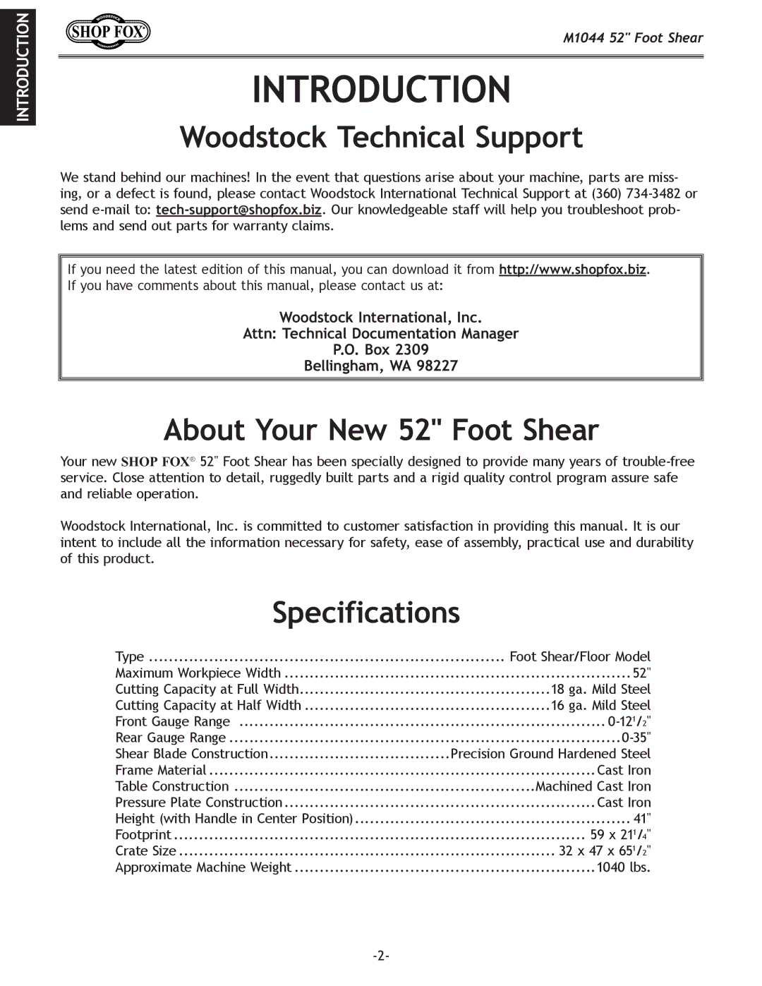 Woodstock M1044 manual Introduction, Woodstock Technical Support, About Your New 52 Foot Shear, Specifications 