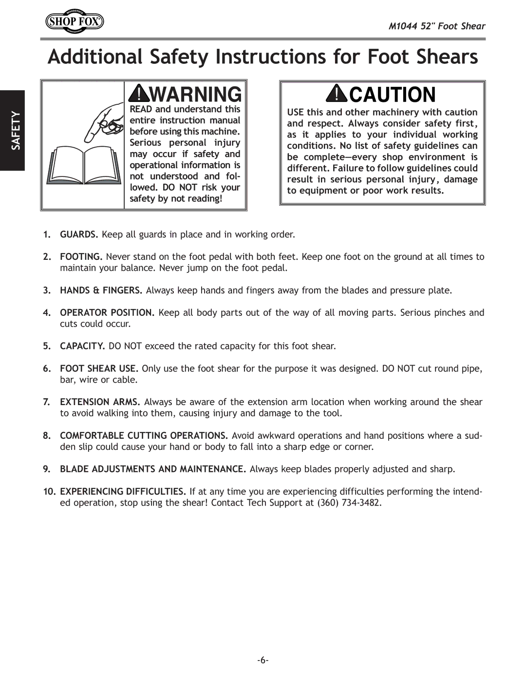 Woodstock M1044 manual Additional Safety Instructions for Foot Shears 