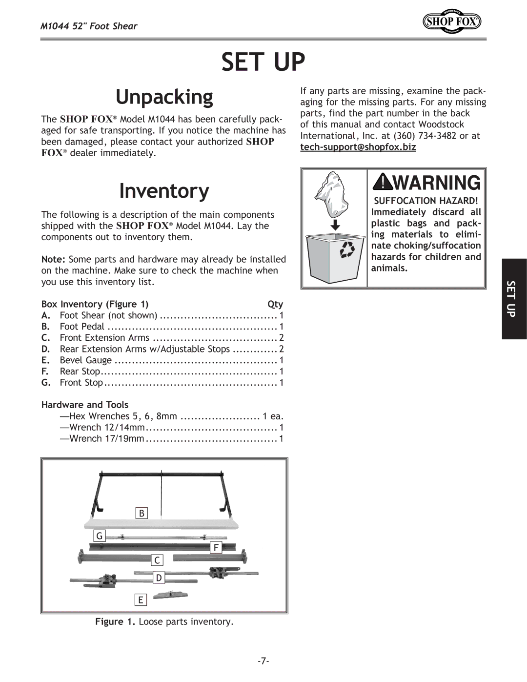 Woodstock M1044 manual Set Up, Unpacking, Inventory 