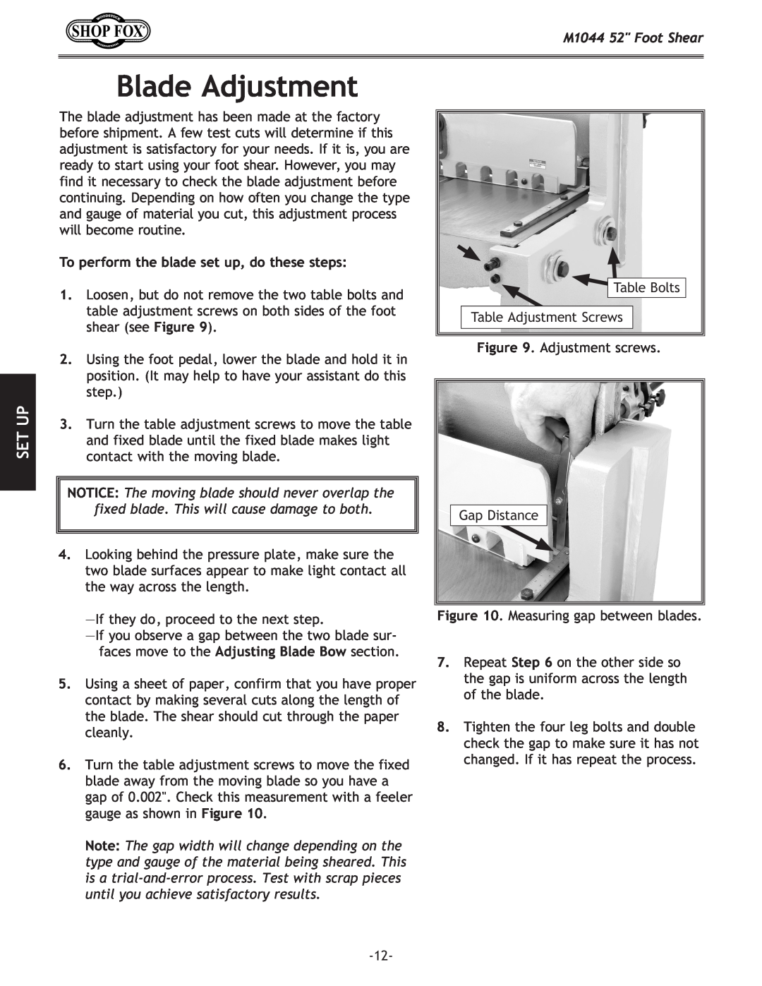 Woodstock manual Blade Adjustment, To perform the blade set up, do these steps, Set Up, M1044 52 Foot Shear 
