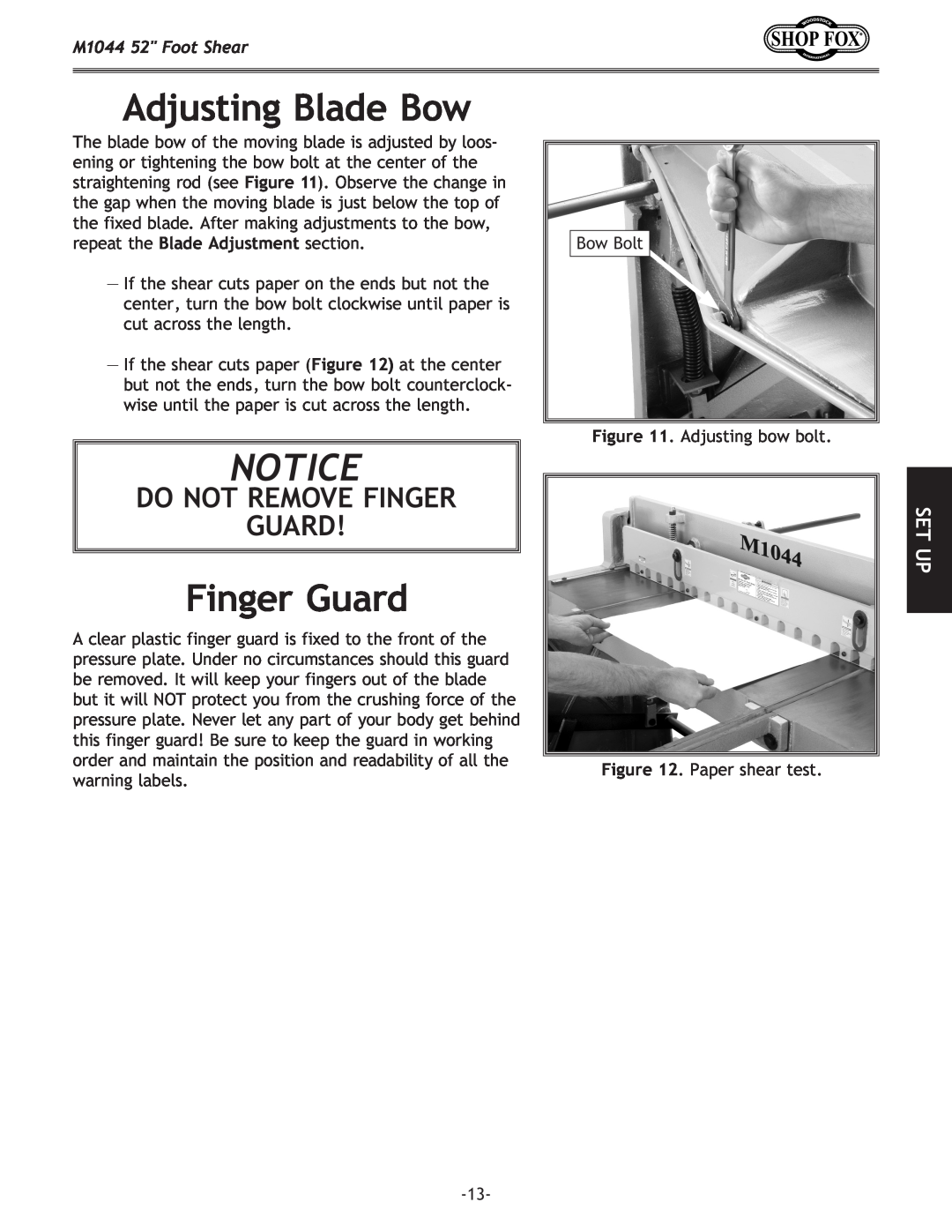 Woodstock manual Adjusting Blade Bow, Do Not Remove Finger Guard, Set Up, M1044 52 Foot Shear 
