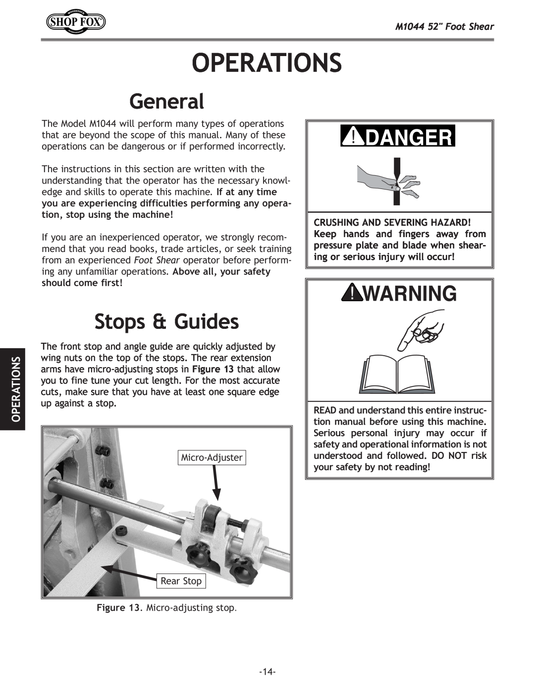 Woodstock manual Operations, General, Stops & Guides, M1044 52 Foot Shear 