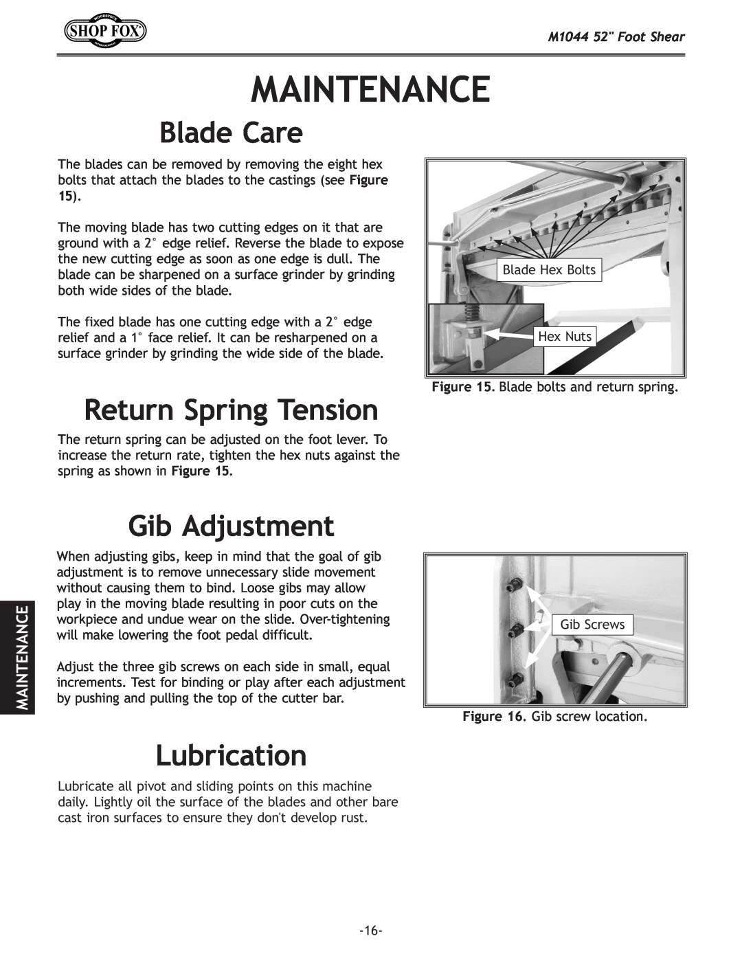 Woodstock manual Maintenance, Blade Care, Return Spring Tension, Gib Adjustment, Lubrication, M1044 52 Foot Shear 