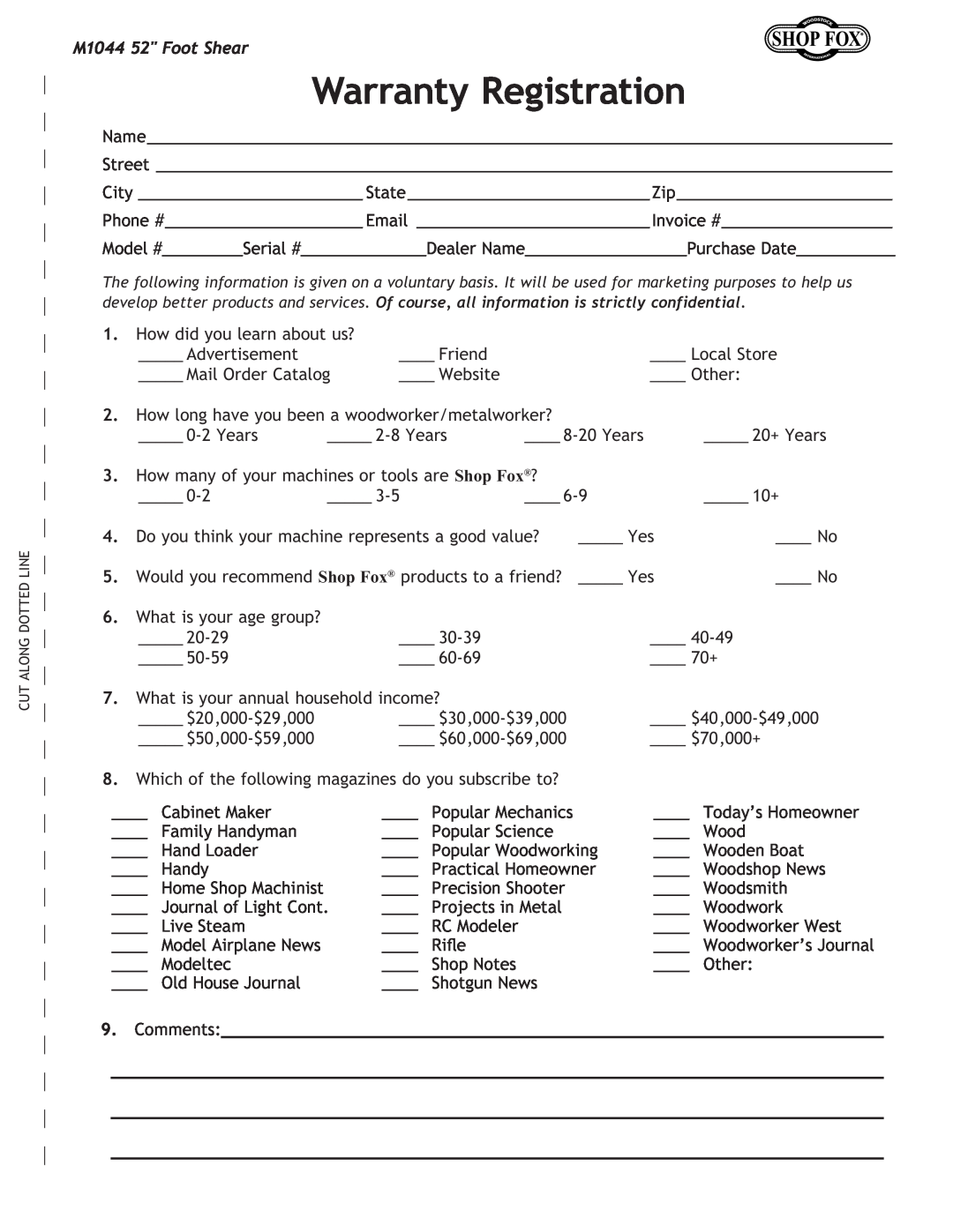 Woodstock manual Warranty Registration, Comments, M1044 52 Foot Shear 