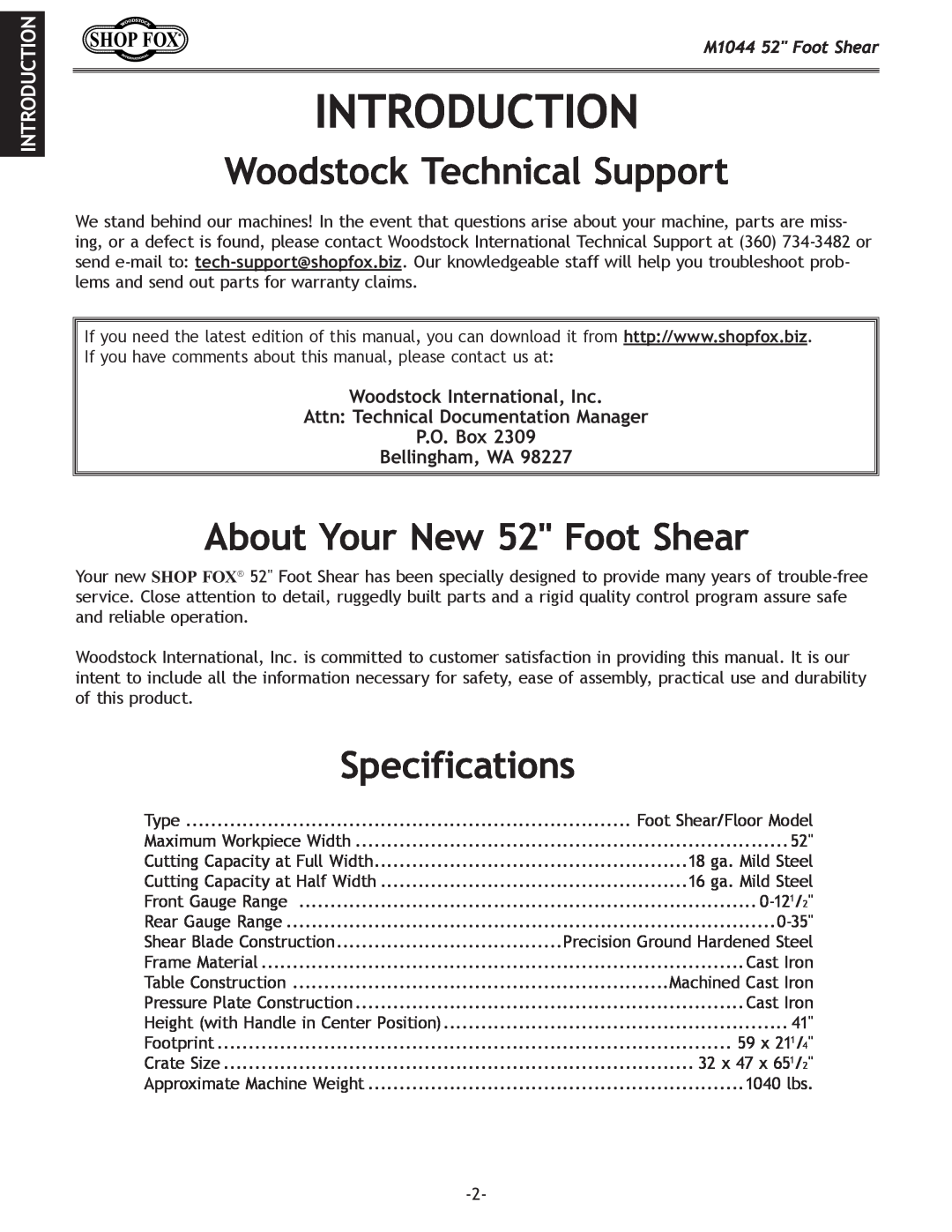 Woodstock M1044 manual Introduction, Woodstock Technical Support, About Your New 52 Foot Shear, Specifications 